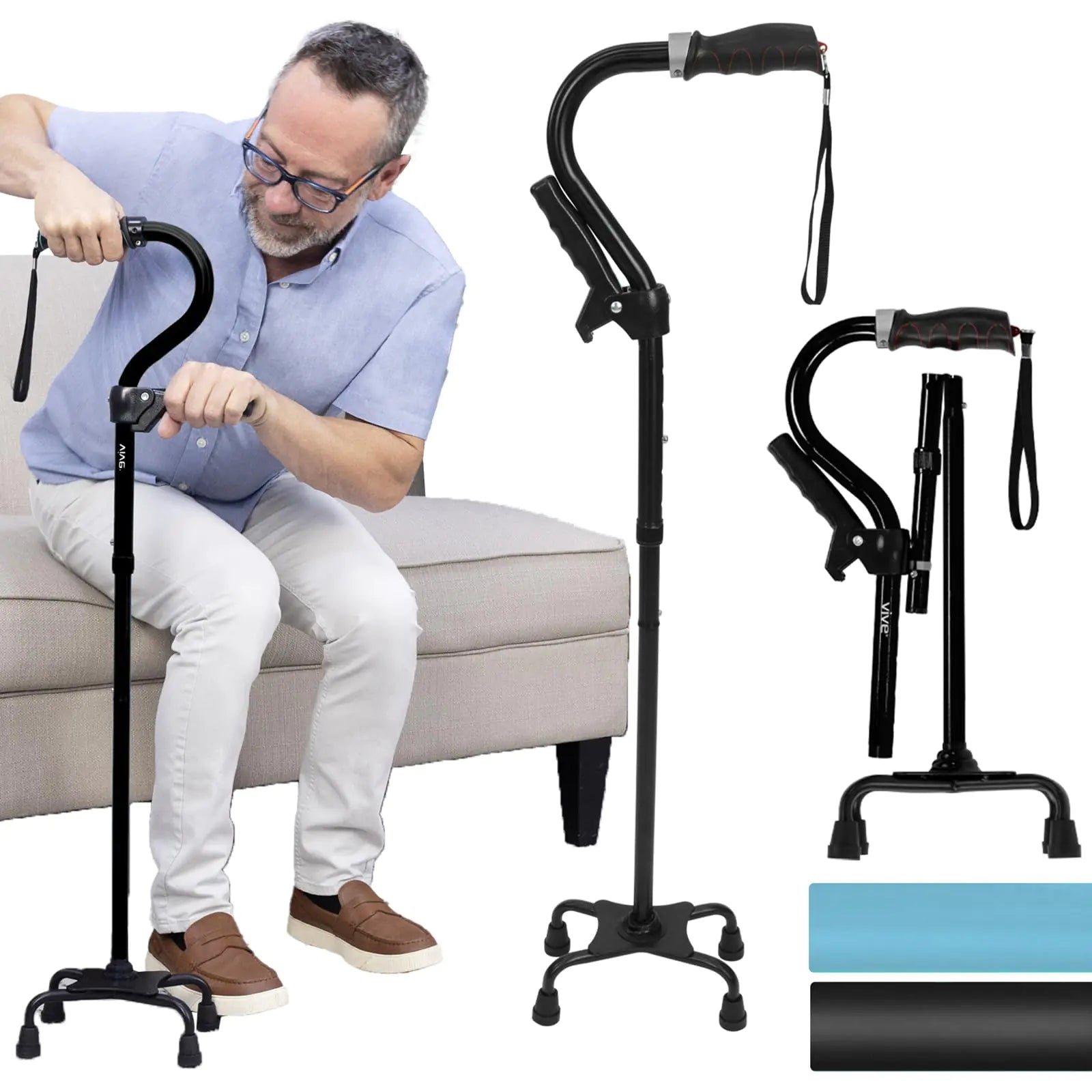 Vive 4 Prong Stand Assist Quad Cane - Walker Canes for Women & Men for Stability - 4 Leg Walking Cane for Seniors Balance - 4 Point Stand up Cane - Heavy Duty Sit to Stand Cane - Adjustable (Black)-Geeked Rehab