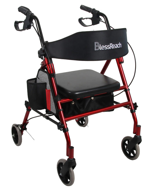 BlessReach Rollator Walker with Seat Steel Rolling Walker with 6-inch Wheels Supports up to 350 lbs Medical Walker Red
